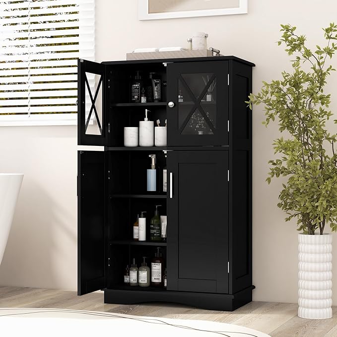 Tangkula Freestanding Floor Cabinet w/2 Glass Doors, 3-Level Adjustable Shelves, Anti-toppling Design, Kitchen Pantry Cupboard for Bathroom, Living Room (Black)