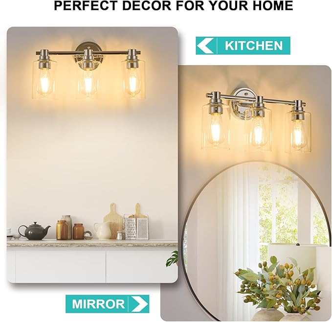 Bathroom Light Fixtures Wall Sconce Light with Clear Glass Chrome 3 Lights Bathroom Lighting Over Mirror Vanity Lights for Living Room,Bedroom,Restroom,Hallway E26 Base