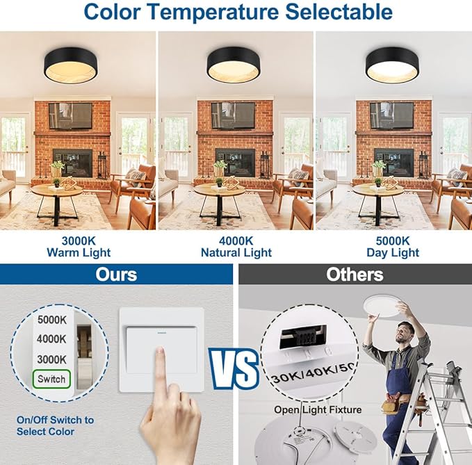 DAKASON LED Flush Mount Ceiling Light Fixture 12.5'' 25W 1500LM, 3000/4000/5000K CCT Selectable, Painted Woodgrain and Black Frame, Dimmable Modern LED Ceiling Light for Kitchen, Hallway, Living Room