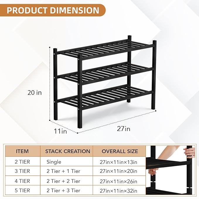 3 Tier Bamboo Shoe Rack Storage Organizer for Closet, Multifunctional Stackable Free Standing Shoe Shelf Organizer for Small Space,Entryway,Hallway,Bathroom 27"x11"x20" (Black, 3 Tier)
