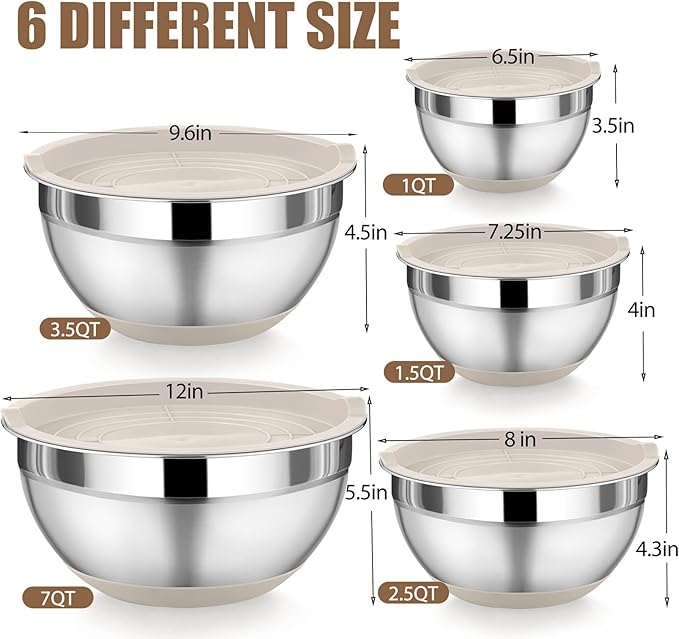 P&P CHEF Mixing Bowls with Lids Set of 5, Stainless Steel Nesting Salad Bowl with Lid & Base for Non-slip Mixing Prepping Storing Serving, 5 Sizes-7/3.5/2.5/1.5/1 QT, Khaki