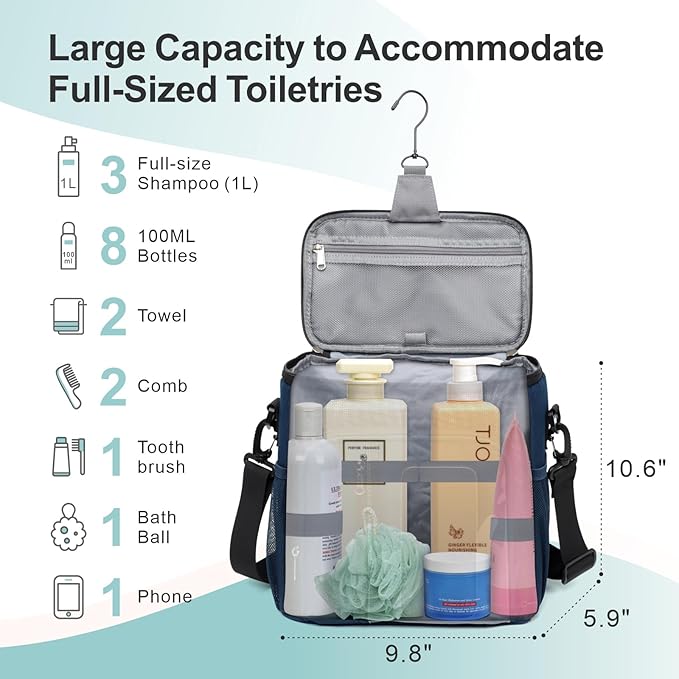 F-color Hanging Shower Caddy Portable - College Dorm Essentials for Girls Guys with Hooks, Soft Crossbody Shoulder Strap, Multiple Pockets, Quick-Dry Shower Bag for Dorm Travel Essentials, Dark Blue