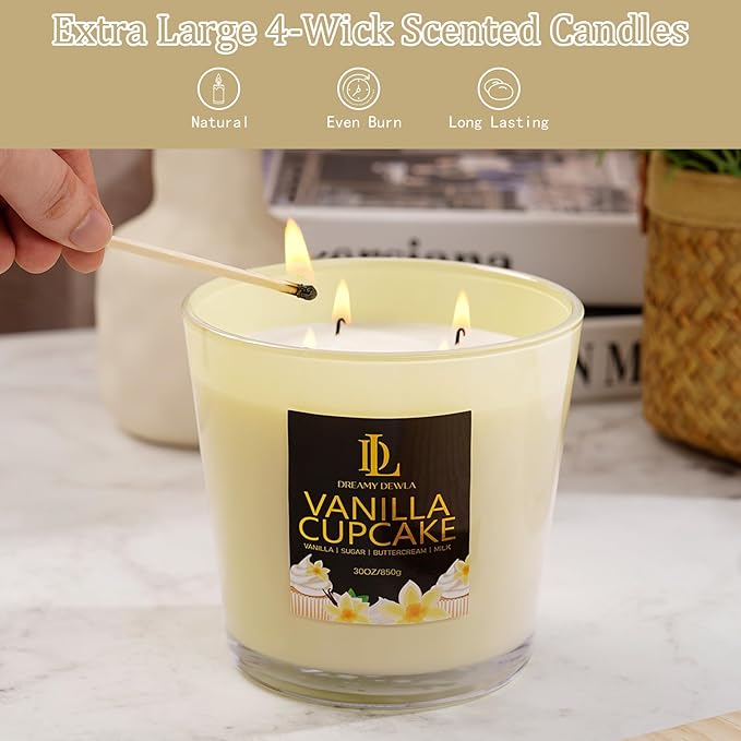 Vanilla Cupcake Scented Candle, Large 30oz Natural Soy Candles, 4-Wick 80 Hour Burn Time, Home Fragrance Candles Housewarming Gift for Women Men