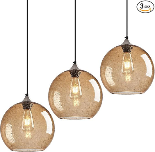 Light Brown Glass Pendant Lights Kitchen Island Globe Pendant Light Fixtures Modern Pendant Lighting for Bedroom Living Dining Room Light Fixture (9.84 in, 3 Pack)