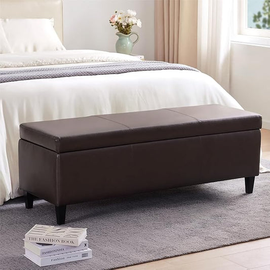 HUIMO Faux Leather Storage Ottoman Bench 50.3 Inch Extra Long PU Upholstered Bedroom Bench with Large Storage Space for The Living Room, Entryway, Bedroom Hold Up to 300lbs (Brown)