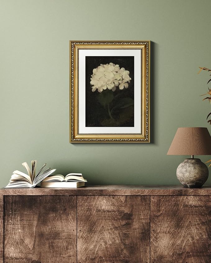 VIYYIEA Gold Framed Wall Art Canvas Print Home Decor Vintage Flower Art Aesthetic Room Decor White Hydrangea Oil Painting Canvas Prints Bedroom Bathroom Wall Decor Kitchen Office Floral Art 11x14in