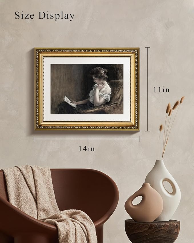 VIYYIEA Gold Framed Wall Art Canvas Print Home Decor Portrait Art Woman Sitting Reading Vintage Art Room Aesthetic Mid Century Lady Elegant Print Farmhouse Oil Painting Wall Decor for Bedroom 11x14in