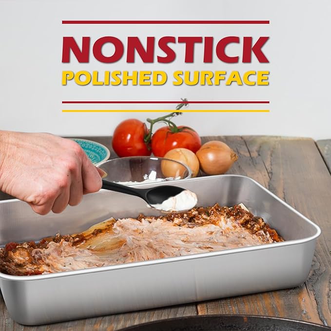 Leonyo Rectangular Cake Pan, 12⅓ x 9¾ x 2 Inch Stainless Steel Baking Trays, Nonstick & Oven Safe, Deep Lasagna Pan for Focaccia, Bread, Brownies, Casseroles