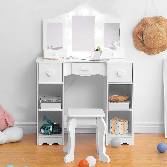 Kids Vanity Set With Mirror, 2 in-1 Wooden Toddler Vanity Table With Stool, Tri-Folding Mirror & Drawer,Princess Pretend Play Makeup Vanity Princess Makeup Desk Dressing Table for Little Girls