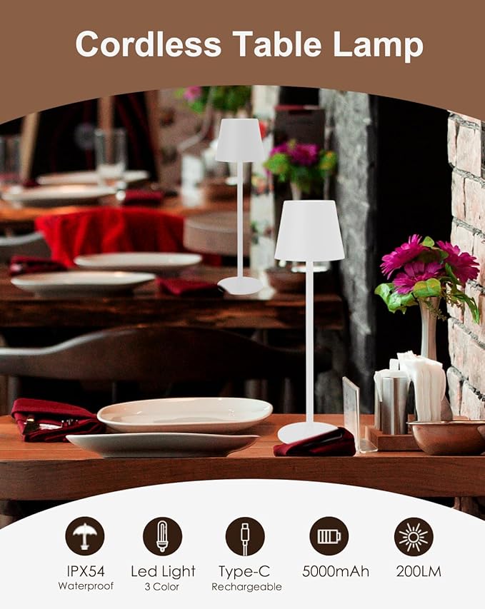 Cordless Table Lamp, Rechargeable Table Lamp with Touch Dimmable Control, Portable LED Desk Lamp for Indoor Patio (White-Round, 1)