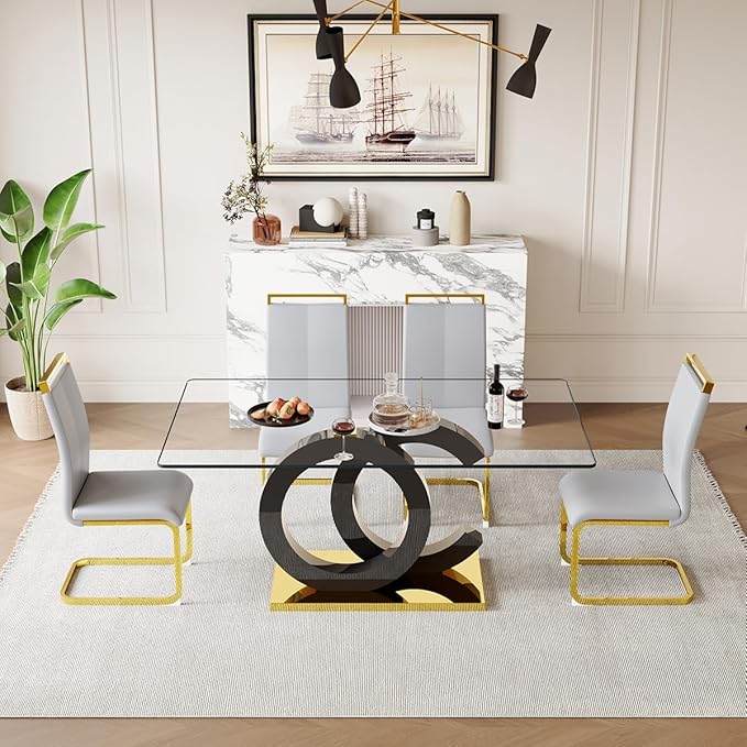 63'' Glass Dining Table Set for 4, Kitchen Table Chairs Set of 4, Clear Glass Dining Table with Black unique design Leg and Gold Metal Base, 4 PU Dining Chairs with Metal Legs, Living Room, Kitchen.