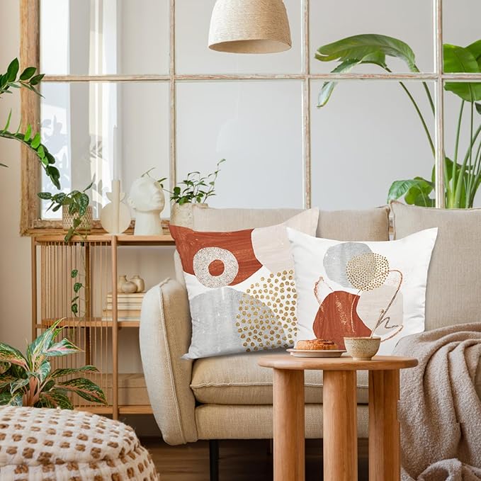 Jartinle Burnt Orange Abstract Throw Pillow Covers 18x18 Set of 4 Mid Century Modern Decorative Geometric Pillow Covers Minimalist for Sofa Couch Decor