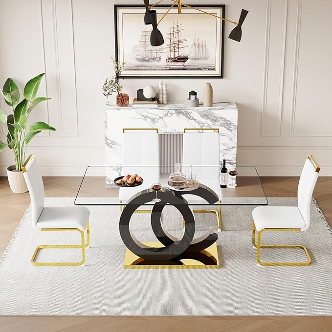 63'' Glass Dining Table Set for 4, Kitchen Table Chairs Set of 4, Clear Glass Dining Table with Black unique design Leg and Gold Metal Base, 4 PU Dining Chairs with Metal Legs, Living Room, Kitchen.