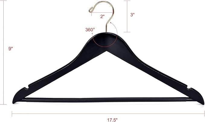 Quality Black Wooden Hangers - Slightly Curved Hanger Set of 80-Pack - Solid Wood Coat Hangers with Stylish Chrome Hooks -Heavy-Duty Clothes, Jacket, Shirt, Pants, Suit Hangers (Black - Gold Hook, 80)