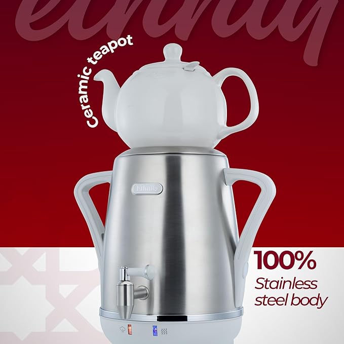 ETHNIQ - Electric Samovar | 4L Stainless Steel Turkish Tea Maker | Adjustable Temperature Controller | Boil Dry & Auto Shot-off | White