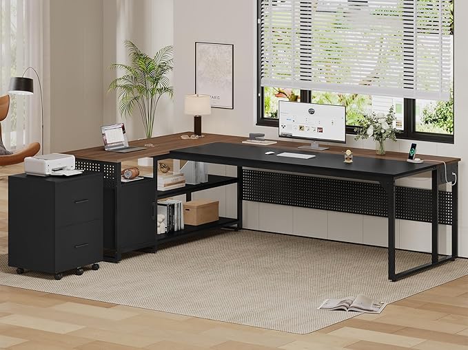 71" Executive Desk, Reversible L Shaped Desk with Mobile File Cabinet & Power Outlets, Large Office Desk with Drawers, Storage Shelves, Hooks, Corner Computer Desk for Home Office (Walnut)