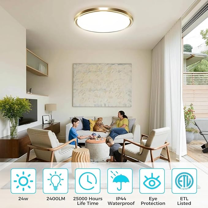 zemty LED Ceiling Light Fixture, 6.5-Inch 12W 1200lm Small Flush Mount Light, Adjustable 3000K 4000K 6500K Color Temperatures, Round Flat Recessed Lamp for Kitchen Closet Hallway Laundry, Gold