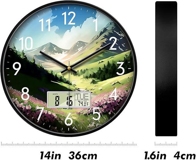 Digital Large Display Silent Wall Clock with Temperature Date Mountain Flowers Modern Non-ticking Battery Operated Mount Clocks Bathroom Kitchen Clock Farmhouse Living Room Office Decor 14 Inch