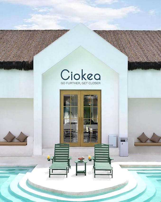 Ciokea Lounge Chair Outdoor, Oversized Chaise Lounge Chair with 5 Positions, HDPE, Patio Lounge Chair with Wheels & Cup Holder for Pool, Deck, Poolside, Green