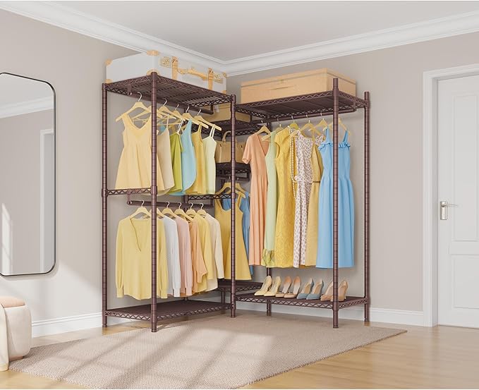 VIPEK L6 L Shaped Clothes Rack for Corner, Heavy Duty Clothing Rack 5-Tier Wire Garment Rack Freestanding Closet with 7 Adjustable Shelves & 4 Hanging Rods, Max Load 850LBS, Bronze