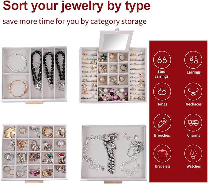 BOOVO Clear Lid Jewelry Box,4 Layers Jewelry Organizer Large Jewelry Storage Box with 3 Drawers,Jewelry Holder Organzier of Rings Earrings Necklace Bracelets for Women (White, 4 Layer)