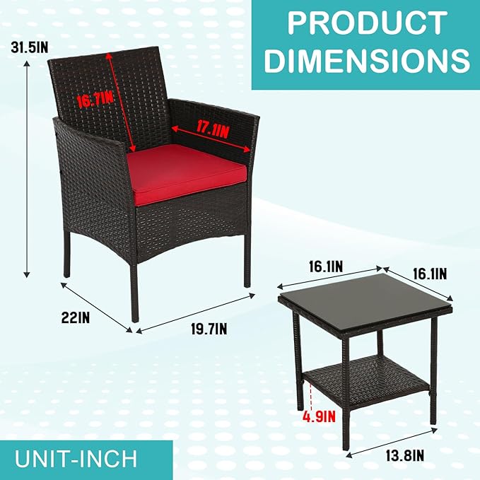 FDW 3 Piece Bistro Conversation Set Patio Brown Wicker Chairs Furniture Outdoor Furniture Set 2 Rattan Chairs with Red Cushions and Glass Coffee Table for Porch Lawn Garden Balcony Backyard