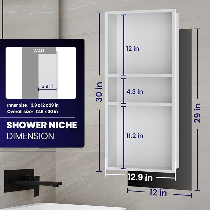 Stainless Steel Shower Niche 12" X 30"，3-Tier Recessed Wall Niche No Tile Needed Shower Shelf for Bathroom Storage (4x12x30 White)