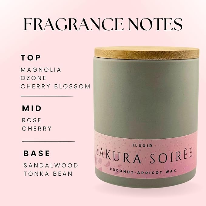 Sakura Soiree Scented Candle – Long Burning Cherry Blossom & Sandalwood Spring Fragrance – Non-Toxic Hand-Poured Coconut-Apricot Wax 13 oz with Luxury Gift Box Made in USA Small Batch Crafted.