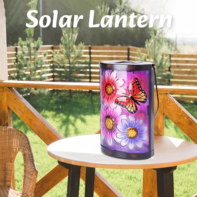 Hanging Solar Lantern Outdoor Waterproof Flowers Butterfly Solar Lights Glass Tabletop Decorative Lamp for Outdoor Patio Garden Outside Yard Decor