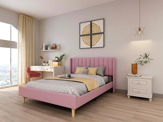Low Profile Upholstered Platform Bed,Queen Beds with Pink(Velvet)
