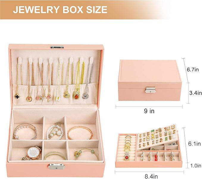 Jewelry Organizer Box, Leather Jewelry Box for Girls Gift Earring Organizer with Lock Double Layers Jewelry Case Removable Tray for Necklace Earring Ring with Polishing Cloth and Jewelry Bags