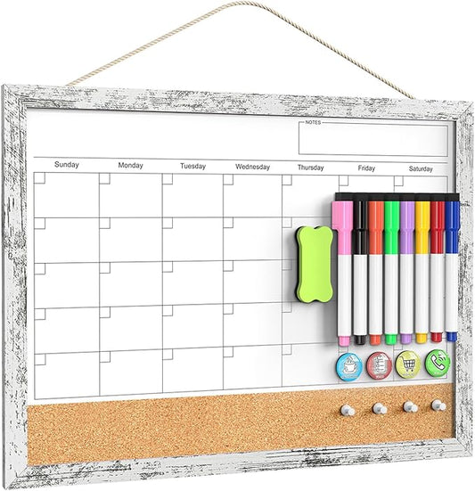 Dry Erase Calendar for Wall, 17x13 Inches Whiteboard Calendar Cork Board Combo, Magnetic Small White Board with Wood Framed, Hanging Dry Erase Board for Office Kitchen Home Planner Memo