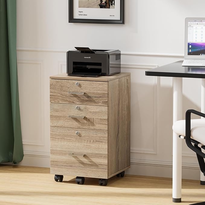 VINGLI 3-Drawer File Cabinet with Lock, Wood Rolling Filing Cabinets for Home Office, Mobile Printer Stand, Under Desk File Organizer for Letter Sized Files, 26" H(Caster Included), Oak