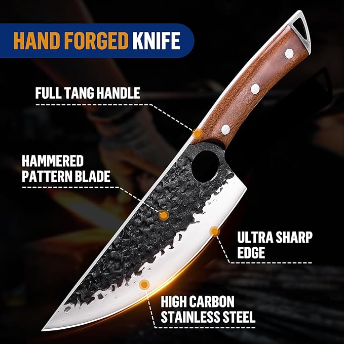 Butcher Knife Set, KITNATS 4PCS Hand Forged kitchen knives Set-Meat Cleaver Knife & Serbian Chef Knives & Vegetable Knives & Boning Knifes, Viking Knives for Kitchen, Outdoor Cooking, BBQ Gift for Men