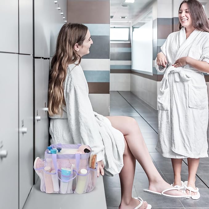 F-color Mesh Shower Caddy Portable, Upgrade Deeper 7 Pockets Shower Bag Basket Tote for College Dorm Room Toiletry Bathroom Essentials Gym Camp Quick Dry 2 handles with S Hook, Purple