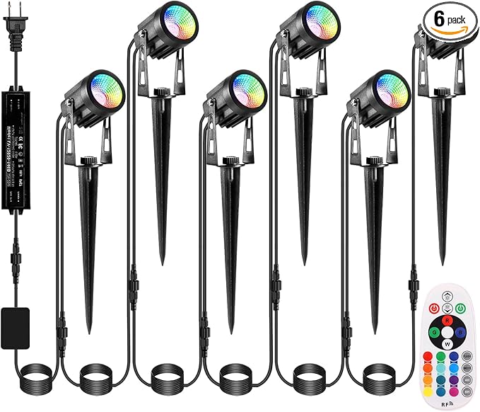 Outdoor Landscape Lighting, 6 Pack RGB Outdoor Spot Lights with Transformers and Remote, 12V Low Voltage Color Changing Landscape Lights IP65 Waterproof Plug in Outdoor Uplights for Yard House Tree