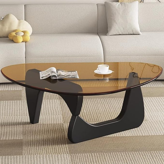 EASYSOUL Modern Glass Coffee Table, 44.88" D x 32.28" W x 15.75" H, Abstract Round Tea Tables for Living Room Home Office Industrial Cocktail Tables (Black-Brown Glass, 44.88")