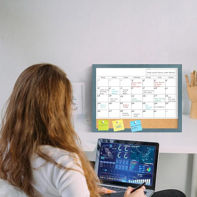 Whiteboard Calendar & Corkboard for Wall, 17x13 Inches Dry Erase Monthly Calendar with Wood Framed, Magnetic White Board Cork Board Combo, Bulletin Board for Home Office Kitchen Memo Planner