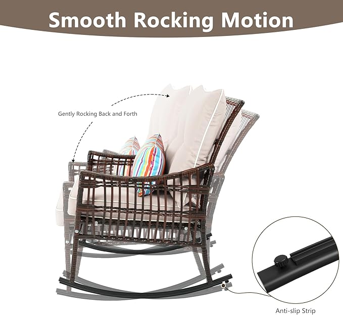 3 Pieces Patio Furniture Set, Outdoor Rocking Chairs Set of 2, Wicker Cushioned Patio Rocker with Side Table for Porch, Garden, Poolside & Deck, Beige