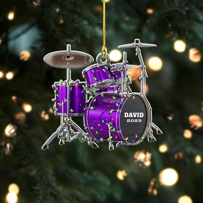 NAZENTI Drum Ornament, Custom Music Christmas Decor, Personalized Percussion Holiday Acrylic Piece, Player Silhouette Hanging Gift, Band Keepsake