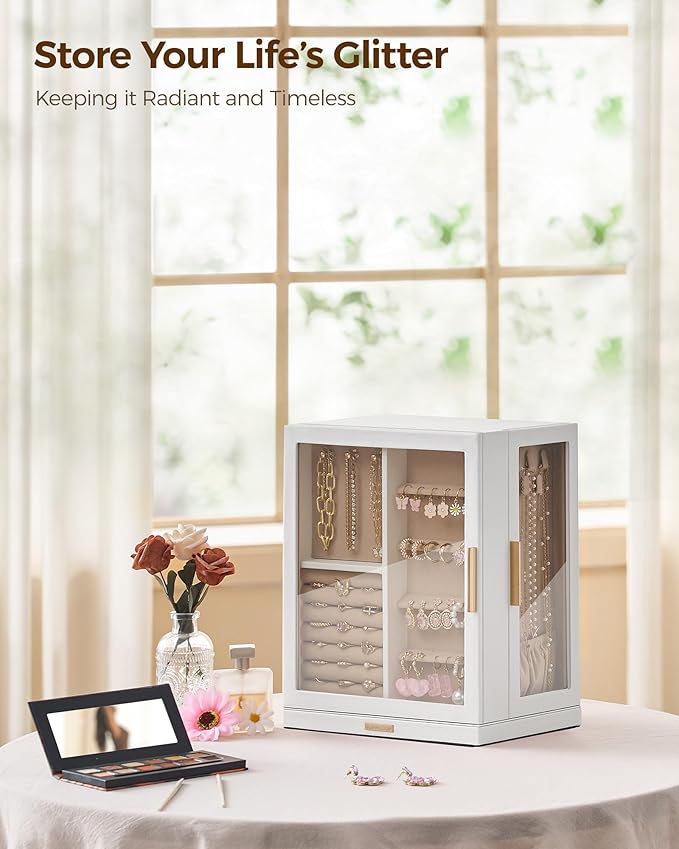 360° Rotating Jewelry Box with 5 Drawers, Spacious Vertical Jewelry Organizer with Glass Window, Jewelry Storage Case, Dustproof & Moisture-resistant Design, White