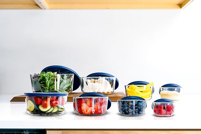 16-Piece Glass Food Storage Containers Set (8 Containers + 8 Lids) | Round, Nesting, Microwave & Dishwasher Safe | BPA-Free, Space-Saving | Blue Lids for Pantry & Kitchen Organization