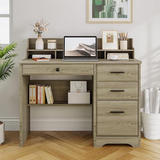 4 EVER WINNER Computer Desk with Drawers, Farmhouse Home Office Desk with Monitor Stand and File Drawer, Wood Simple PC Desk with Storage, Writing Desk for Bedroom, Grey