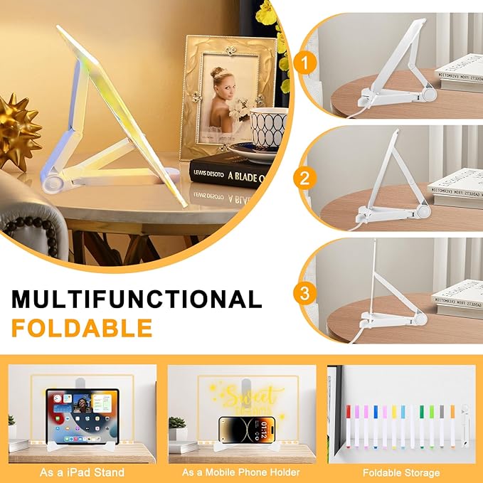 Led Note Board with Colors, 11.8 X 7.9” Acrylic Dry Erase Board with Light, Acrylic Lighted Memo Board with Adjustable Stand, LED Light-Up Message Note Board with 12 Pen for Office School Home