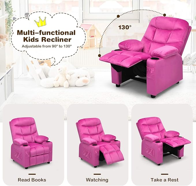 Costzon Kids Velvet Recliner Chair with Cup Holder, Footrest & Side Pockets for Children Boys Girls Baby Bedroom, Adjustable, Ergonomic Toddler Furniture Sofa Gifts (Rose)