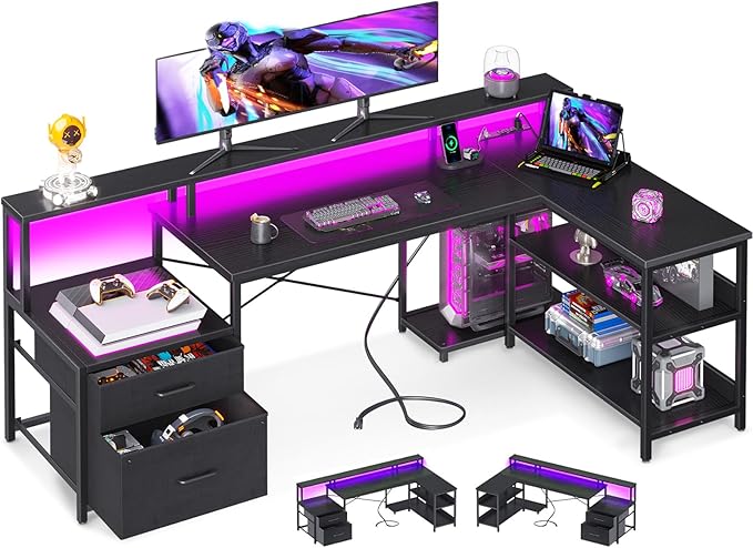 ODK L Shaped Desk with File Drawer, 66" Reversible L Shaped Computer Desk with Power Outlet & LED Strip, Home Office Desk with Storage Shelves, Gaming Desk with Monitor Shelf, Corner Desk, Black