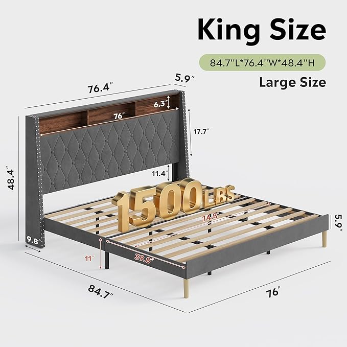 WLIVE King Size Upholstered Bed Frame with Storage Headboard, Velvet Square Tufted Platform Bed with Charging Station, Sturdy Metal & Wooden Slats Support, No Box Spring Needed, Grey