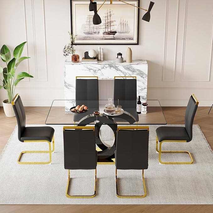 63'' Glass Dining Table Set for 6, Kitchen Table Chairs Set of 6, Clear Glass Dining Table with Black unique design Leg and Gold Metal Base, 6 PU Dining Chairs with Metal Legs, Living Room, Kitchen.