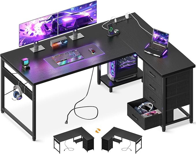 AODK L Shaped Gaming Desk with 4 Drawers, 53" Reversible Home Office Desks with Power Outlets, L Shaped Computer Desk with USB Charging Port and Host Stand, Corner Desk, Easy to Assemble, Black