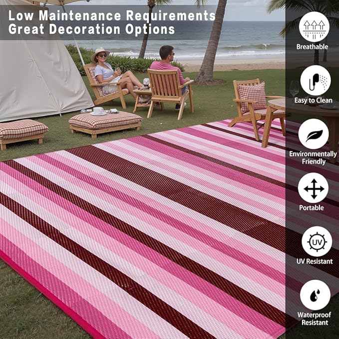 Outdoor Waterproof Rug 8'x10' Plastic Straw Rugs Washable Reversible Floor Mat Pink Stripe Carpet for Camping RV Deck Entryance Porch Picnic Balcony Beach Backyard